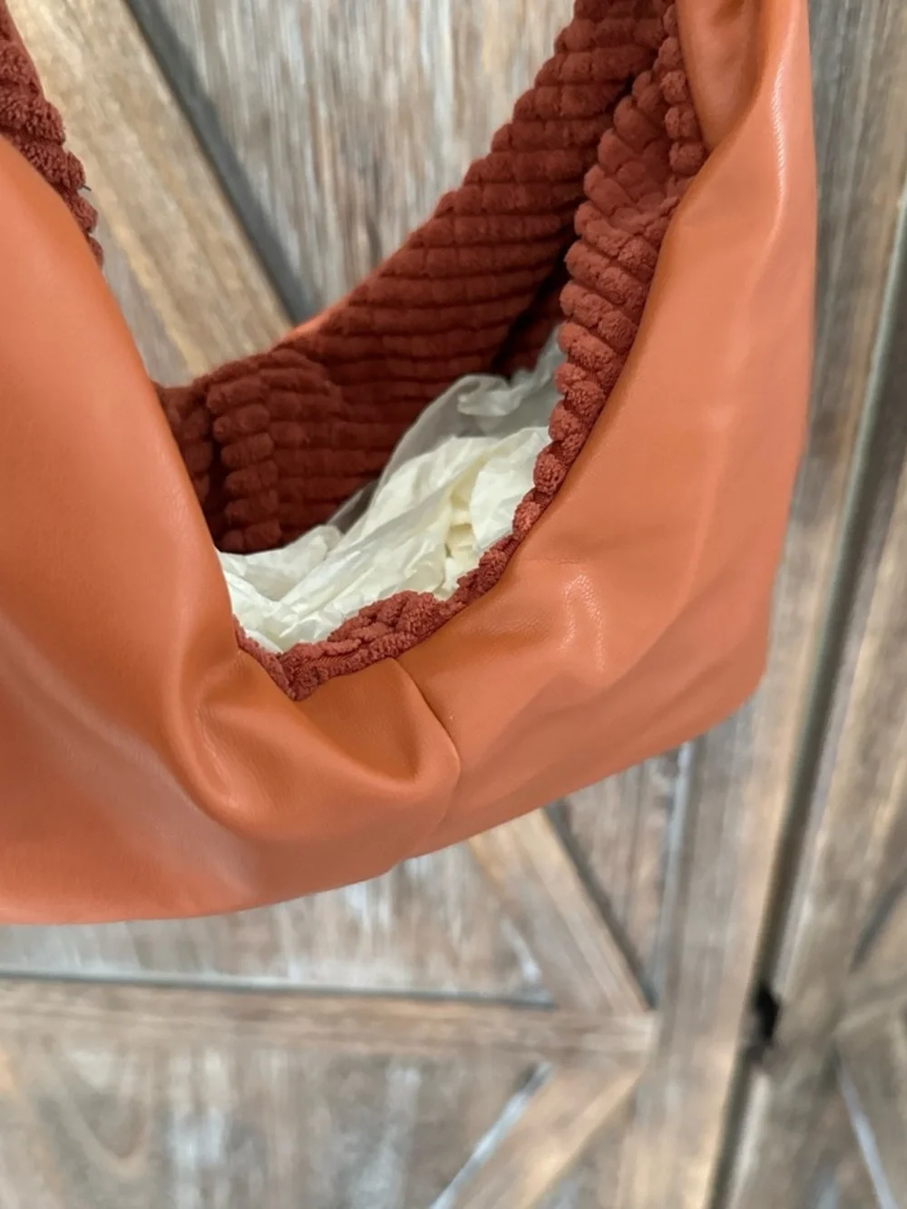 Rust Orange Soft Leather Hobo Bag with Braided Lining Detail